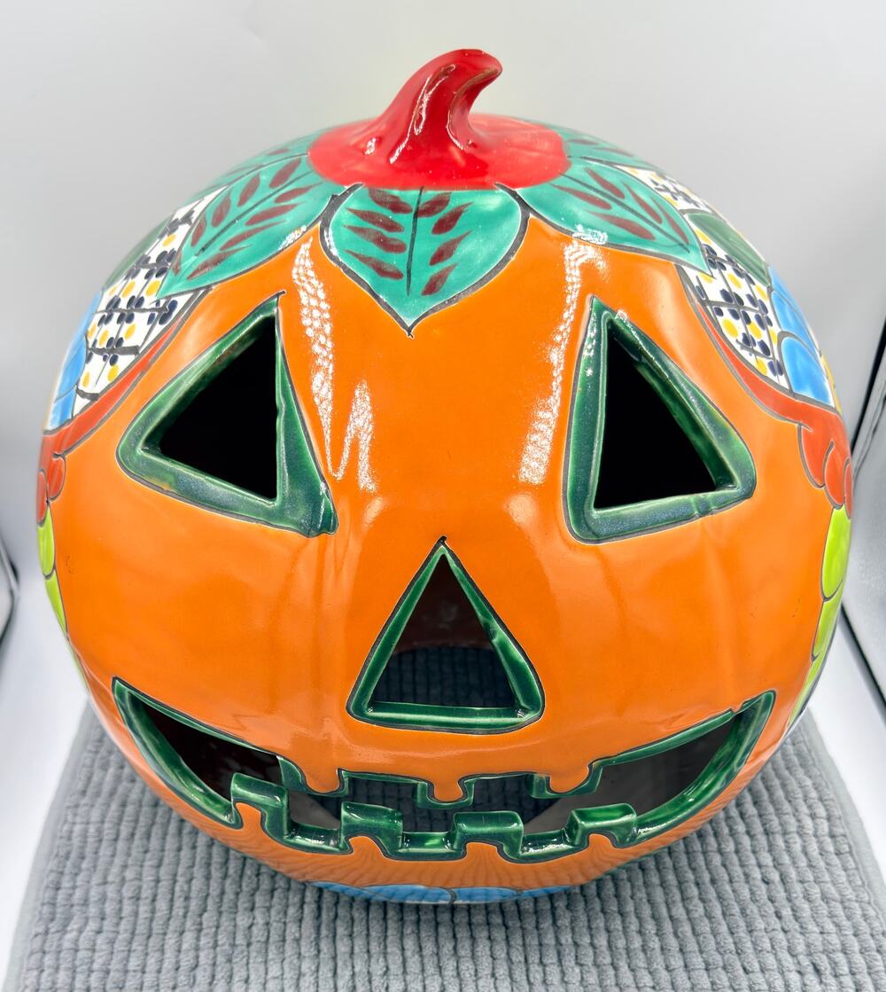 LARGE Talavera Jack-O'-Lantern Mexican Folk Art Halloween Pumpkin Luminary